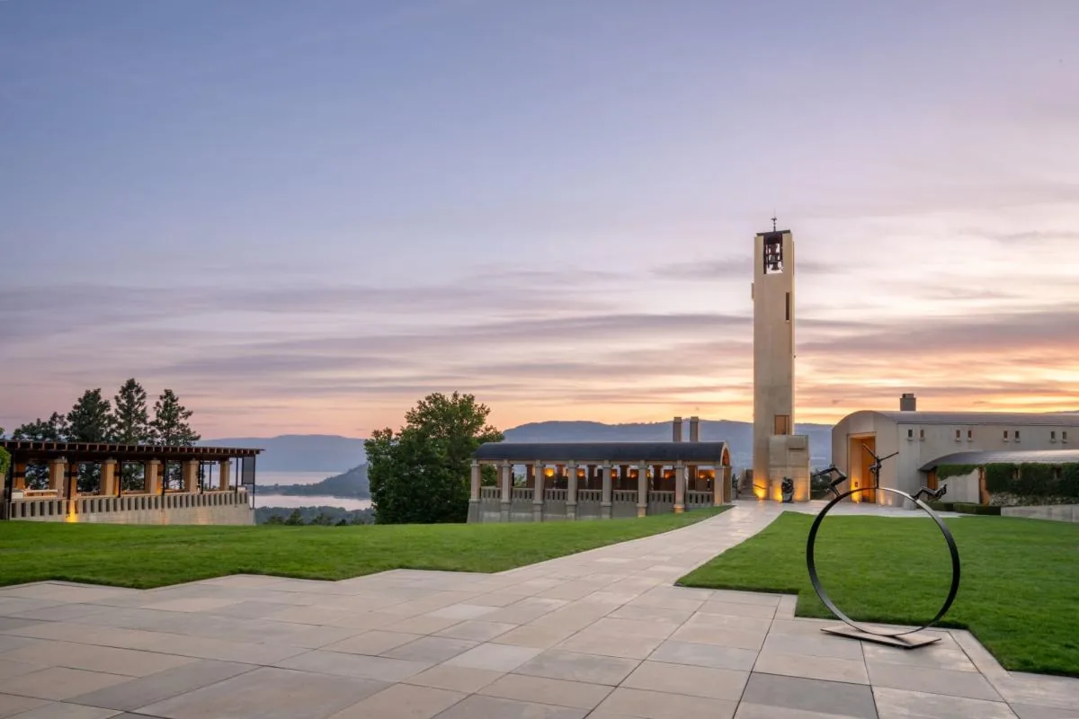 Mission Hill Family Estate bell tower at sunset West Kelowna