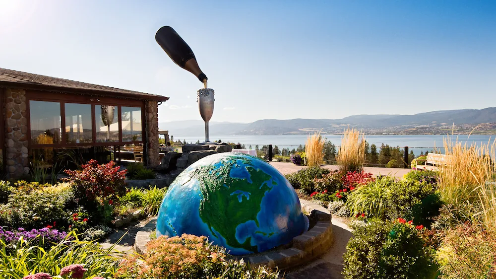Summerhill Pyramid Winery sculpture and patio with Okanagan Lake views